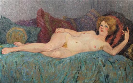 § Fernand Pinal (1881-1958) Female nude reclining upon a day bed, 29 x 46in.